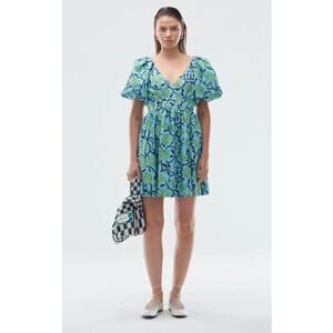 Deloreta Womens S Blue Green Floral Tati Puff Sleeve Cotton A Line Mini Dress